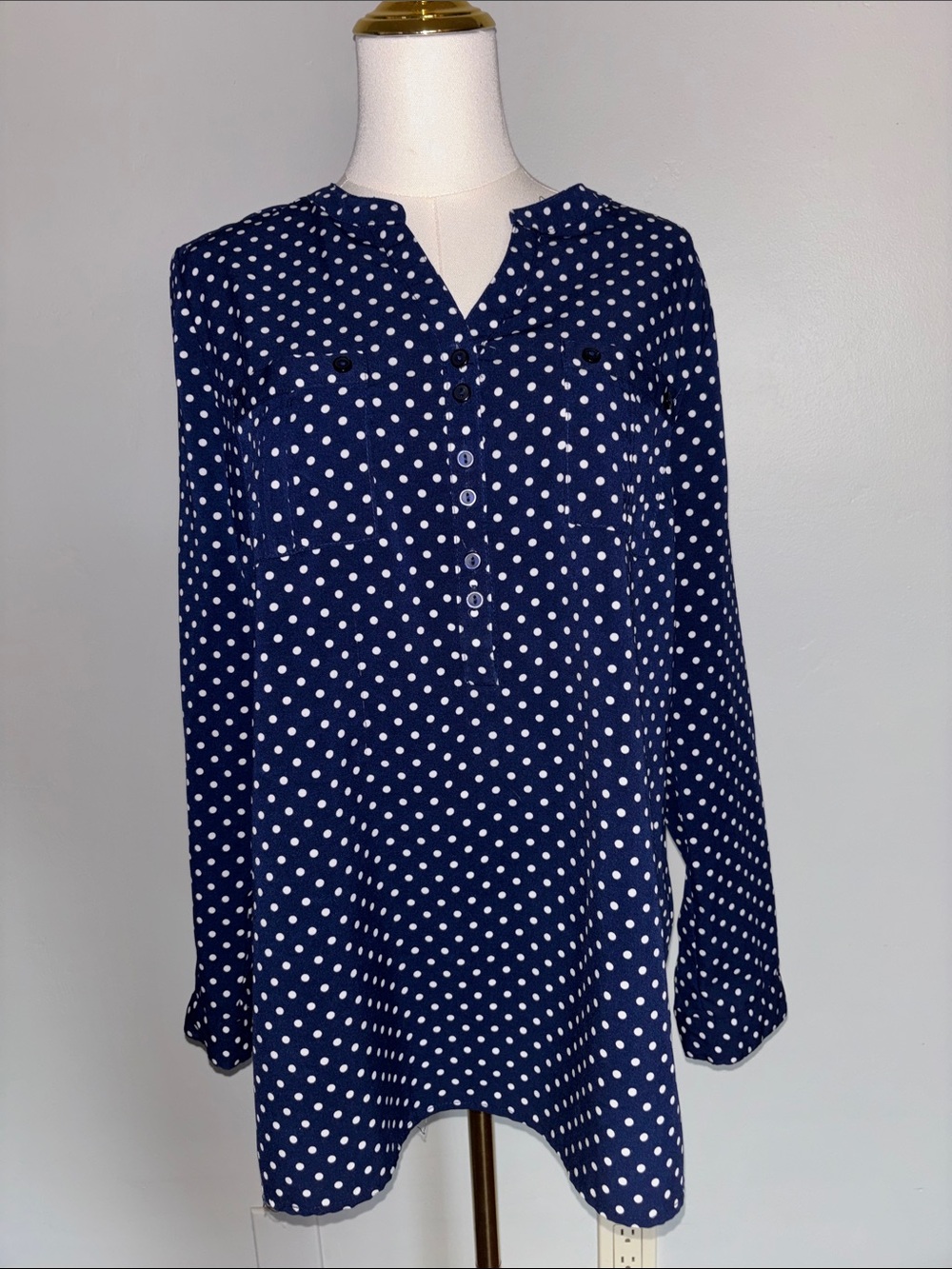 Notations Navy and White Polka Dot Long-Sleeve Top